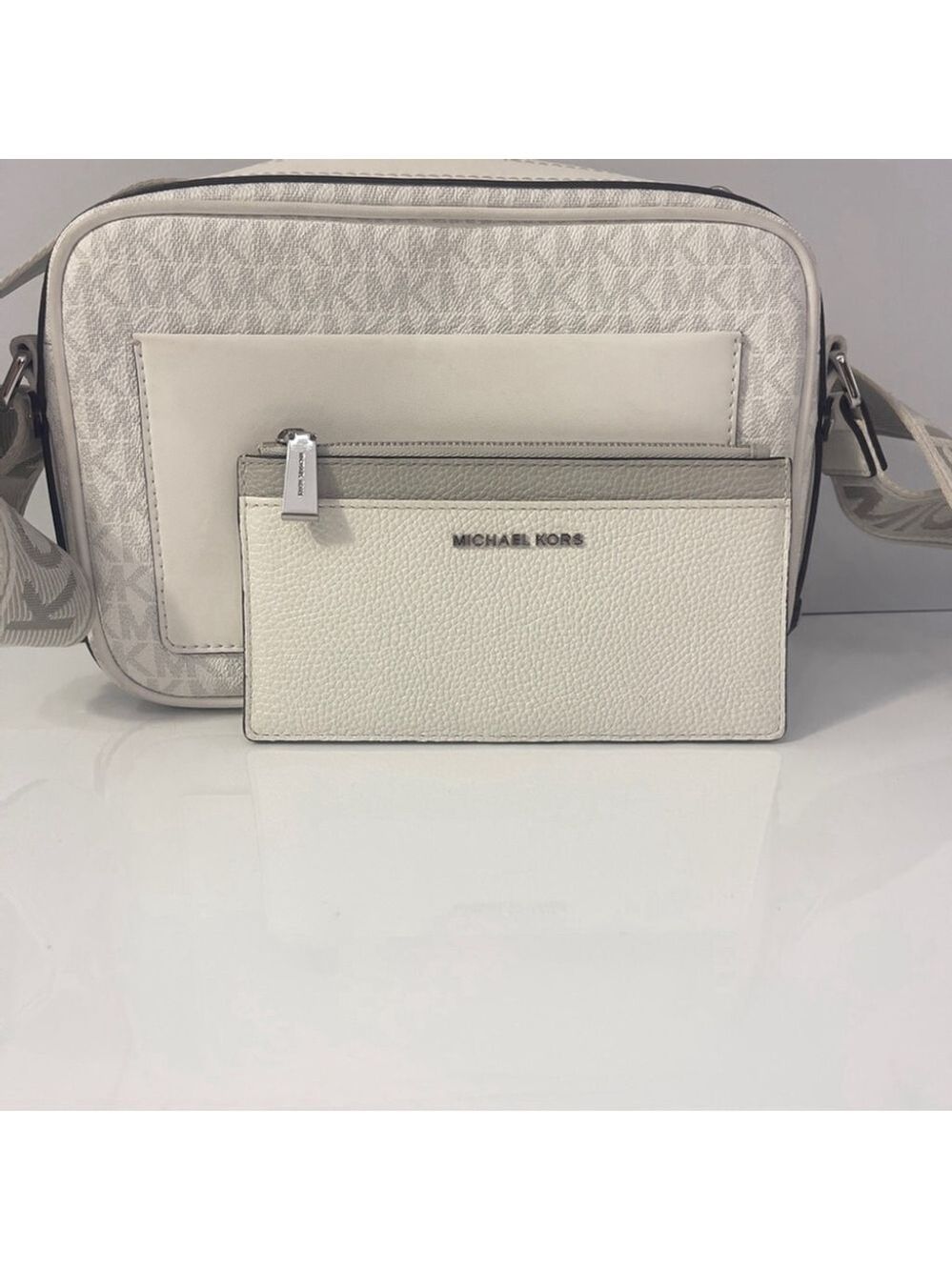 Michael Kors Maeve Crossbody Bag & Wallet Set Optic White Gray MK Signature Logo - Picture 4 of 14